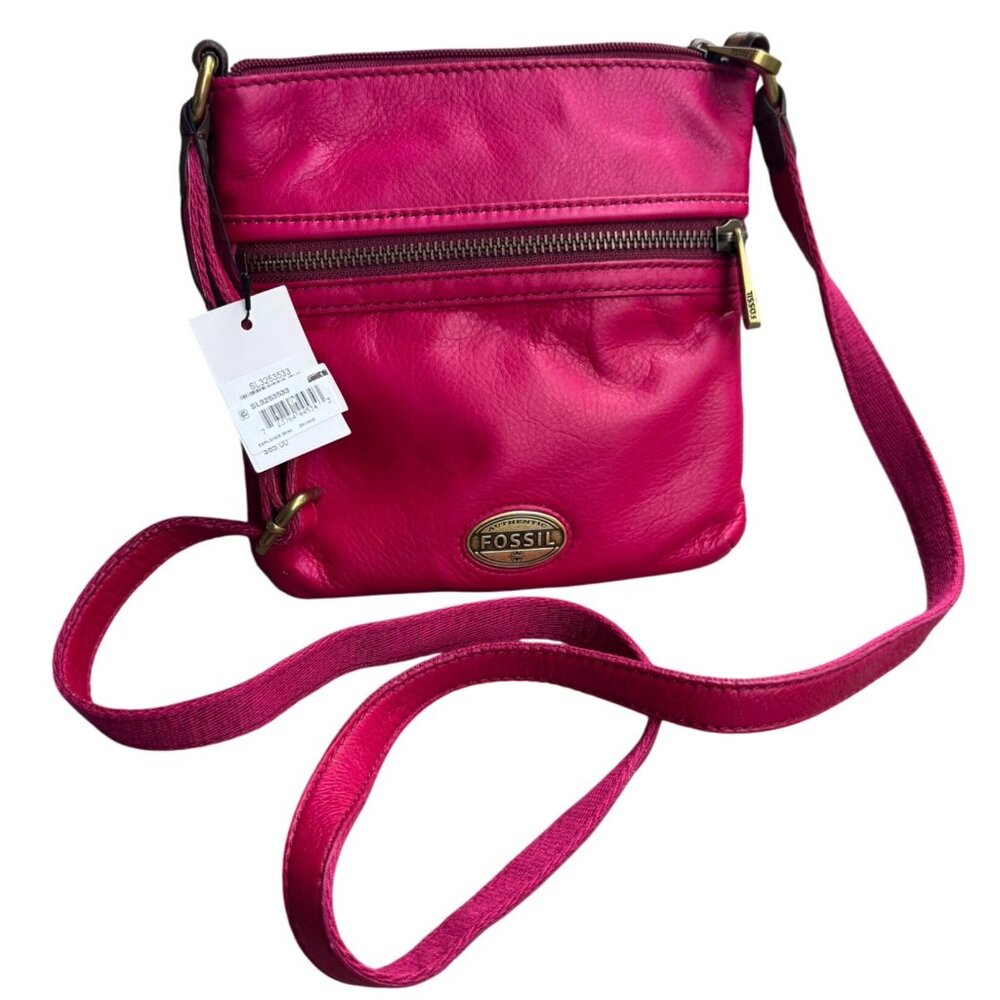 Fossil Womens Crossbody Bag  Hot Pink Leather With Adjustable Strap & Zip Closur